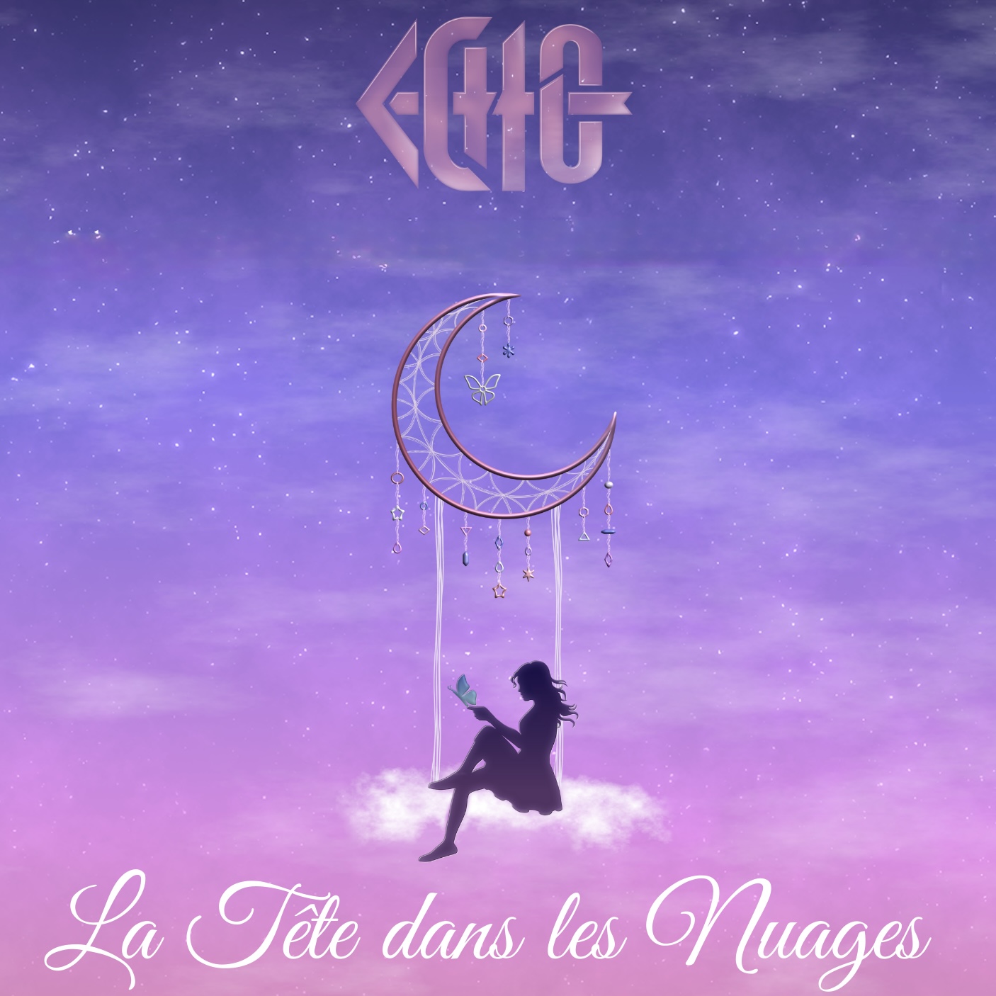 Illustration d'une jeune femme assise sur un nuage sous une croissant de lune 